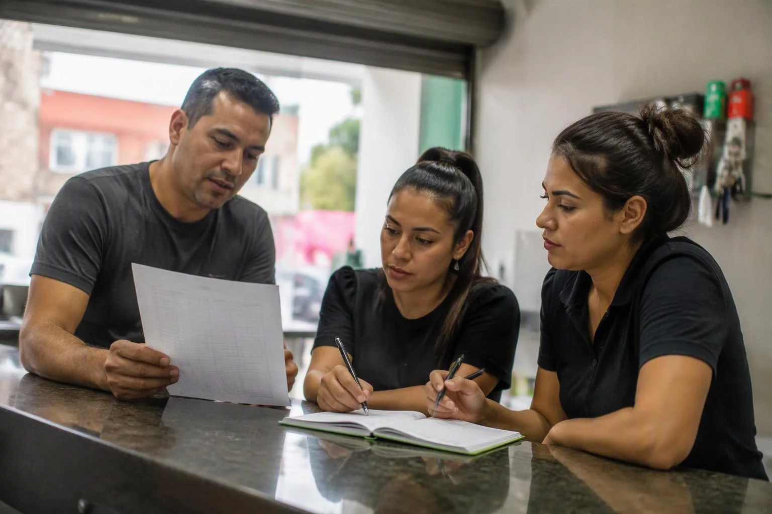 Equipe de uma loja da rede conferindo o fechamento do dia no balcão