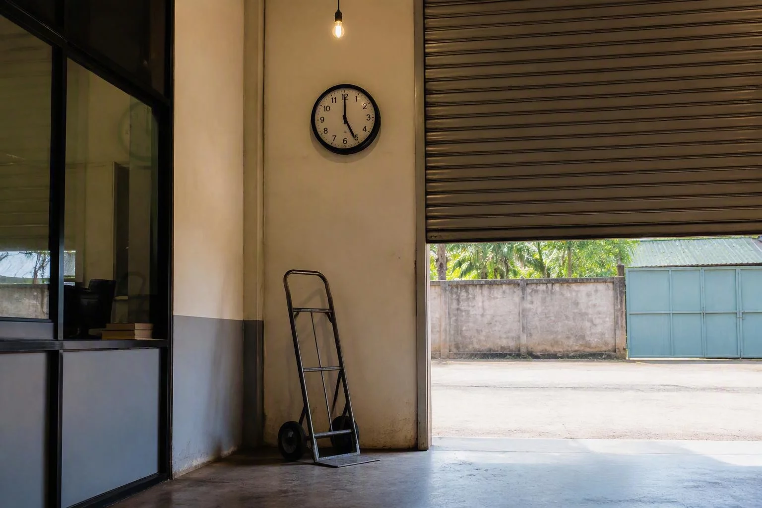 Relógio de parede do depósito marcando a hora do fechamento