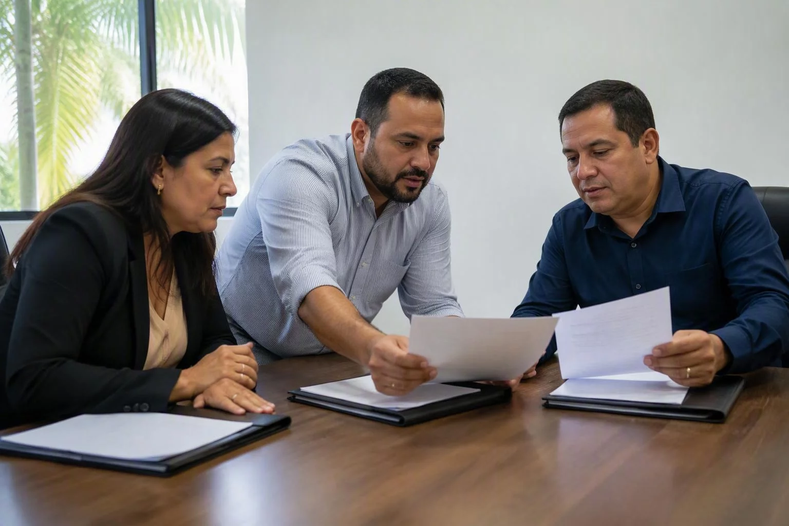 Encarregados de três unidades reunidos em volta da mesa da matriz